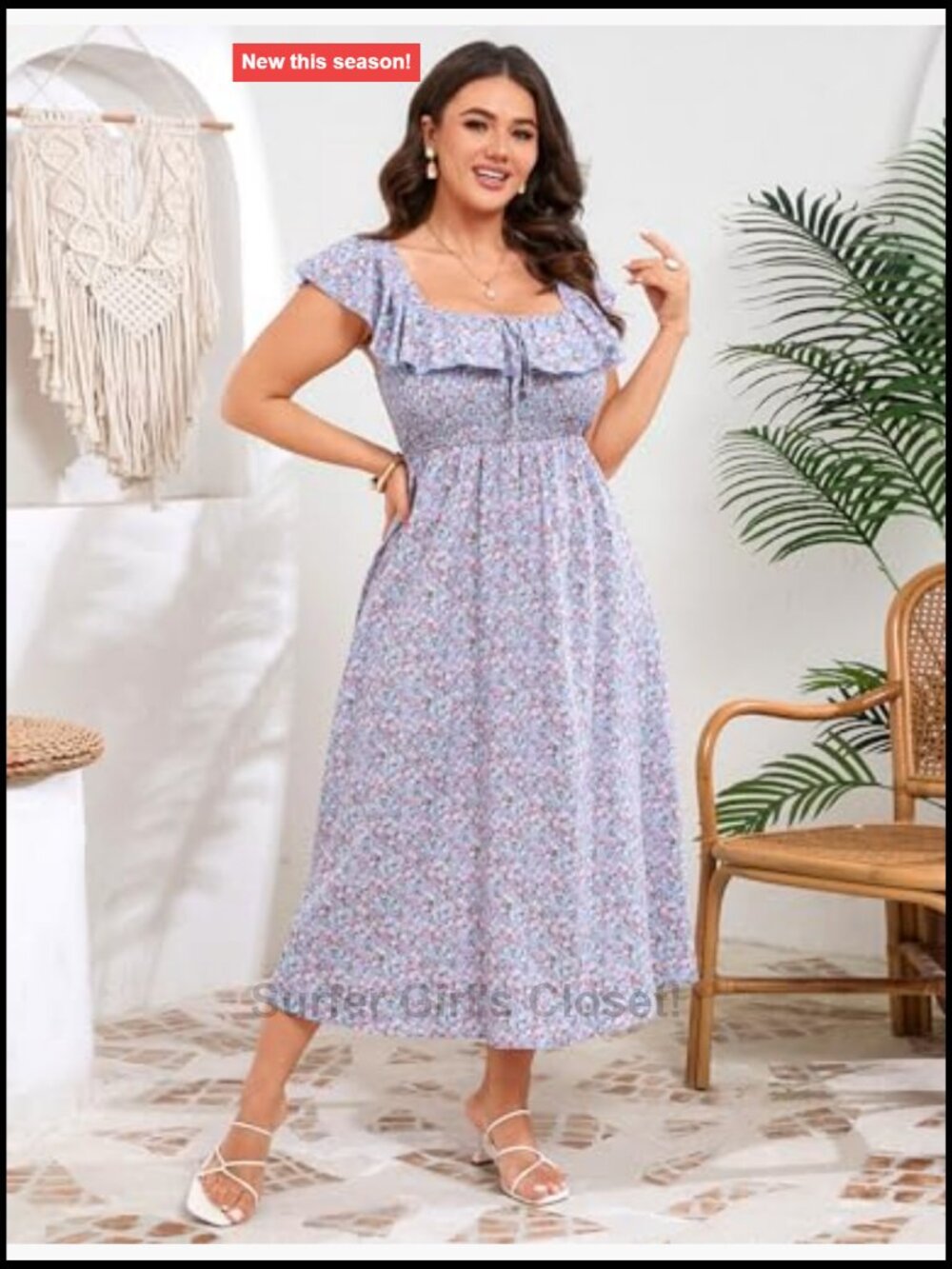 Plus Size Floral Midi Dress Square Neck Smocked Ruffle Sleeve Summer Casual - Picture 5 of 6